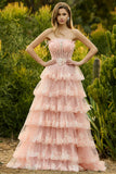Strapless Tiered Ruffle A Line Blush Corset Sequin Long Prom Dress with Slit