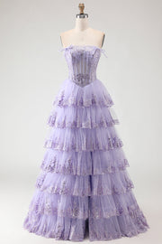 Lilac Strapless A Line Sequins Corset Tiered Ruffle Long Prom Dress with Slit