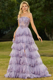 Lilac A Line Strapless Sequin Corset Tiered Ruffle Long Prom Dress with Slit