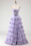 Lilac Strapless A Line Sequins Corset Tiered Ruffle Long Prom Dress with Slit
