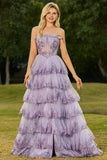 Strapless Tiered Ruffle A Line Blush Corset Sequin Long Prom Dress with Slit