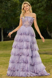 Strapless Tiered Ruffle A Line Blush Corset Sequin Long Prom Dress with Slit