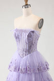 Lilac Strapless A Line Sequins Corset Tiered Ruffle Long Prom Dress with Slit
