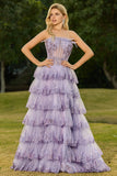 Lilac A Line Strapless Sequin Corset Tiered Ruffle Long Prom Dress with Slit