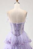 Lilac Strapless A Line Sequins Corset Tiered Ruffle Long Prom Dress with Slit