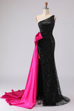 Sparkly One Shoulder Black Mermaid Sequin Long Prom Dress with Bow