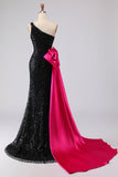 Sparkly One Shoulder Black Mermaid Sequin Long Prom Dress with Bow