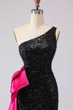 Sparkly One Shoulder Black Mermaid Sequin Long Prom Dress with Bow