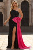 Sparkly Sequins Bow One Shoulder Black Mermaid Long Plus Size Formal Dress with Slit