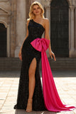 Sparkly One Shoulder Black Mermaid Sequin Long Prom Dress with Bow