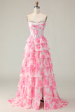 White Pink Flower A Line Sweetheart Tiered Corset Sequin Long Prom Dress with Slit