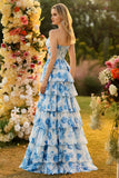 White Blue Floral A Line Strapless Corset Tiered Ruffle Long Prom Dress with Slit