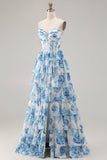 White Blue Floral Strapless A Line Corset Tiered Ruffle Long Prom Dress with Slit
