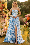 White Blue Floral A Line Strapless Corset Tiered Ruffle Long Prom Dress with Slit