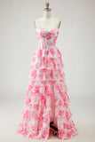 White Blue Floral Strapless A Line Corset Tiered Ruffle Long Prom Dress with Slit