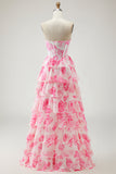White Blue Floral Strapless A Line Corset Tiered Ruffle Long Prom Dress with Slit