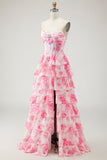 White Blue Floral Strapless A Line Corset Tiered Ruffle Long Prom Dress with Slit