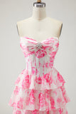 White Blue Floral Strapless A Line Corset Tiered Ruffle Long Prom Dress with Slit