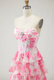 White Blue Floral Strapless A Line Corset Tiered Ruffle Long Prom Dress with Slit