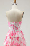 White Blue Floral Strapless A Line Corset Tiered Ruffle Long Prom Dress with Slit