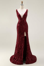 Sparkly Burgundy Mermaid Sequin V Neck Long Prom Dress with Slit