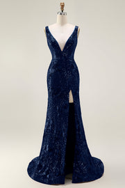 Sparkly Navy Mermaid Sequin V Neck Open Back Long Prom Dress with Slit