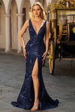 Sparkly Navy Mermaid V Neck Floral Long Prom Dress with Sequins