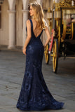 Sparkly Navy Mermaid V Neck Floral Long Prom Dress with Sequins