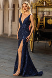 Sparkly Navy Mermaid V Neck Floral Long Prom Dress with Sequins