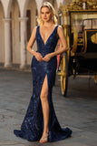 Sparkly Navy Mermaid V Neck Floral Long Prom Dress with Sequins