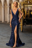 Sparkly Navy Mermaid V Neck Floral Long Prom Dress with Sequins