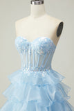 Princess Blue Sweetheart Corset Tiered Sequins Long Prom Dress with Lace Up Back