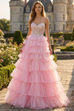 Princess Pink Sweetheart Corset Tiered Sequins Long Prom Dress with Lace Up Back