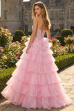 Princess Pink Sweetheart Corset Tiered Sequins Long Prom Dress with Lace Up Back