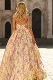 Yellow Pink Flowers A Line Deep V Neck Backless Long Prom Dress with Slit
