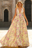 Yellow Pink Flowers A Line Deep V Neck Backless Long Prom Dress with Slit