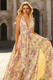 Yellow Pink Flowers A Line Deep V Neck Backless Long Prom Dress with Slit