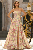 Yellow Pink Flowers A-Line Strapless Corset Backless Long Prom Dress with Slit