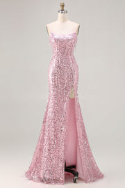 Sparkly Pink Mermaid Spaghetti Straps Long Sequin Formal Dress with Slit