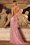 Sparkly Pink Sequins Mermaid Lace Up Back Long Prom Dress with Slit