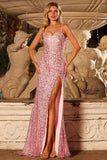 Sparkly Pink Sequins Mermaid Lace Up Back Long Prom Dress with Slit