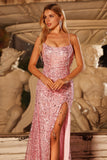 Sparkly Pink Sequins Mermaid Lace Up Back Long Prom Dress with Slit