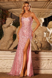 Sparkly Pink Sequins Mermaid Lace Up Back Long Prom Dress with Slit