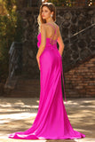 Fuchsia Mermaid Cut Out Pleated Satin Bowed Long Prom Dress with Slit