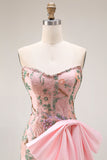 Strapless Sequin Beaded Floral Long Prom Dress with Bow on Hip and a Skirt Slit