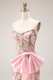 Strapless Sequin Beaded Floral Long Prom Dress with Bow on Hip and a Skirt Slit