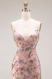 Blush Floral Spaghetti Straps Sheath Beaded Long Prom Dress with Sequins