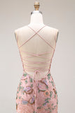 Blush Floral Spaghetti Straps Sheath Beaded Long Prom Dress with Sequins