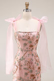 Fitted Beaded Sequin Floral Long Prom Dress with Bows On Shoulders