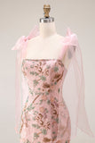 Fitted Beaded Sequin Floral Long Prom Dress with Bows On Shoulders
